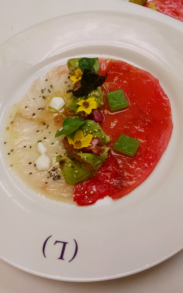 The plate of crudo — two types of raw fish — is ready to serve at Larkspur.