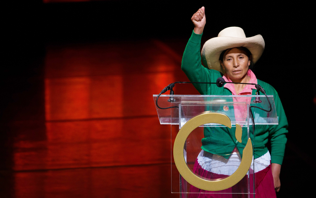 Máxima Acuña receives the Goldman Environmental Prize in Washington D.C. on April 18, 2016. 