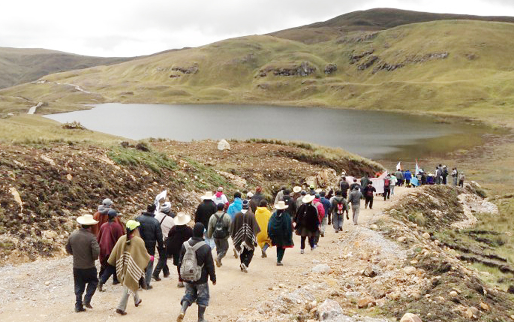 The Guardians of the Lake protest Newmont’s plan to drain the mountain lakes that provide water, as well as spiritual and cultural meaning, to the community. 