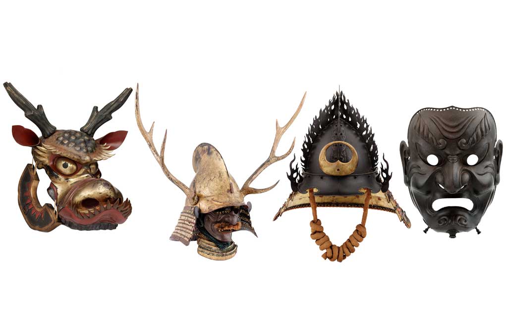 Left to right: 19th century horse mask, made from leather, metal and lacquer; late 16th century helmet and half mask; 15th century armor, and 18th century helmet bowl, made from iron, shakudo, lacing, silver, wood, gold, brocade, fur, bronze, brass and leather; 1710 full face mask made from iron