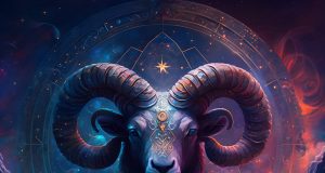 multicolored ram head with stars and mountains