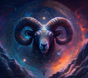 multicolored ram head with stars and mountains