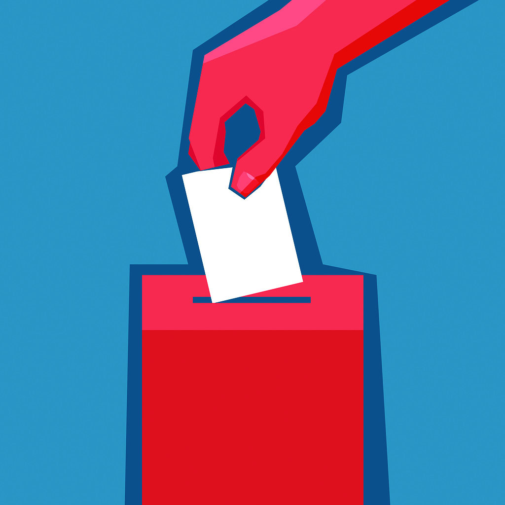 Red hand puts white ballot in the red ballot box on blue background