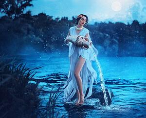 Fantasy woman Greek goddess zodiac sign Aquarius holds vintage earthenware jug in her hands and pours water into river. Background lake blue water, magic night, moon light stars. Astrology concept