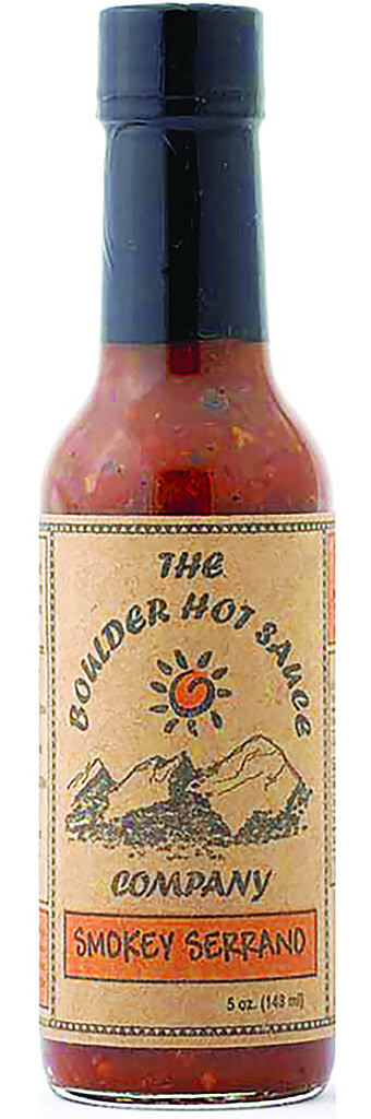 bottle of Boulder Hot Sauce smokey serrano on white background