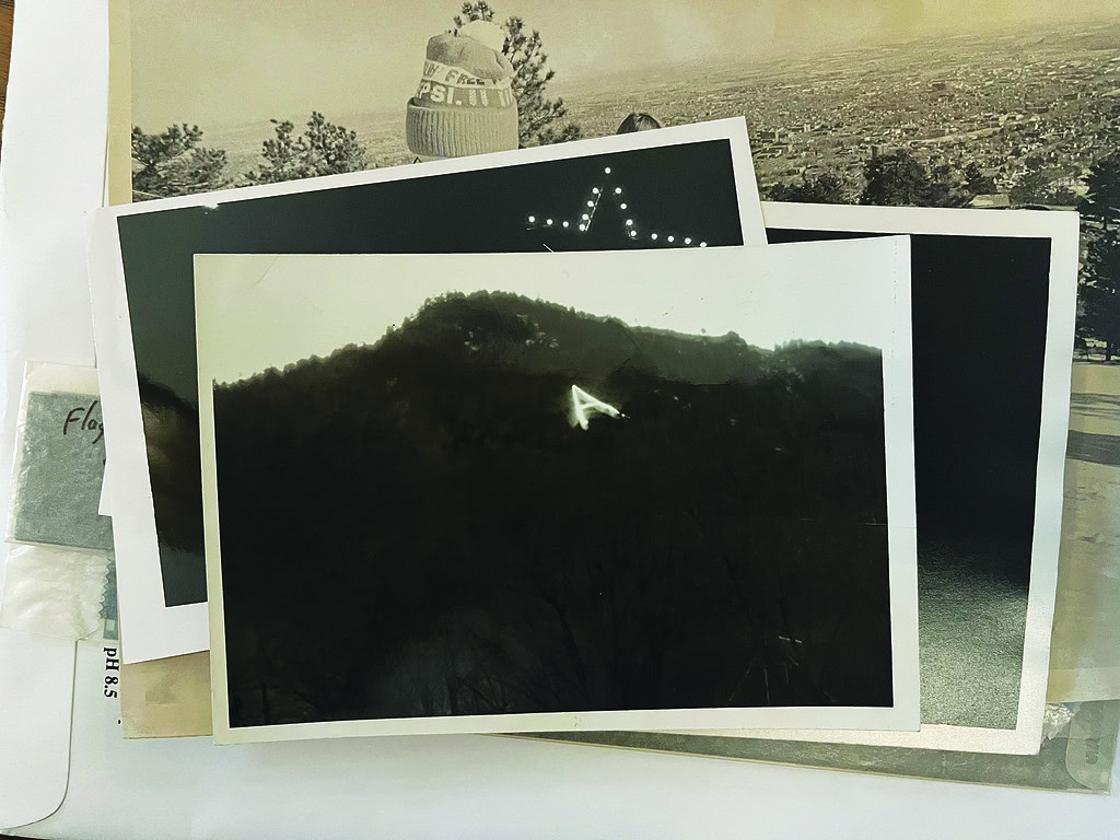 historic black and white photo of the Boulder Star on Flagstaff Mountain arranged into a letter A in 1951