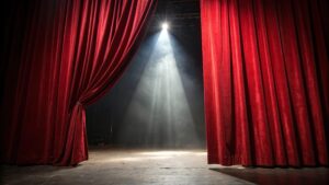 Theater curtains open on stage stock