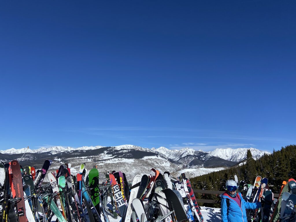 Skis on a rack at Breckenridge Ski Resort. 2021-22 season. 