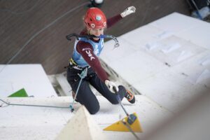 Lafayette resident Catalina Shirley on the dry tooling wall at the 2019 Ice Climbing World Cup in Denver, Colorado